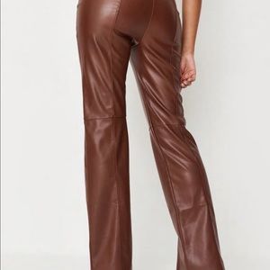 chocolate faux leather split hem straight leg pants